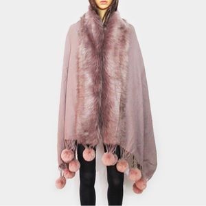 Faux Fur Trim Pom Pom Dangle Poncho